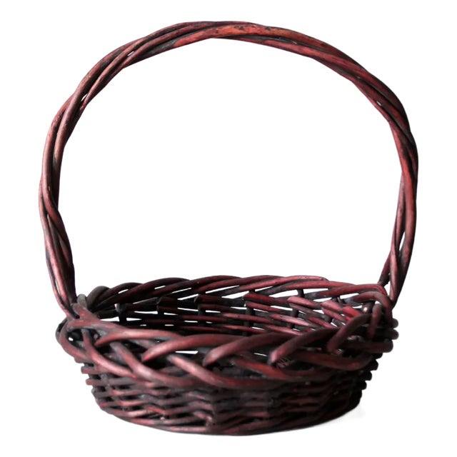 Vintage Burgundy Woven Basket For Sale