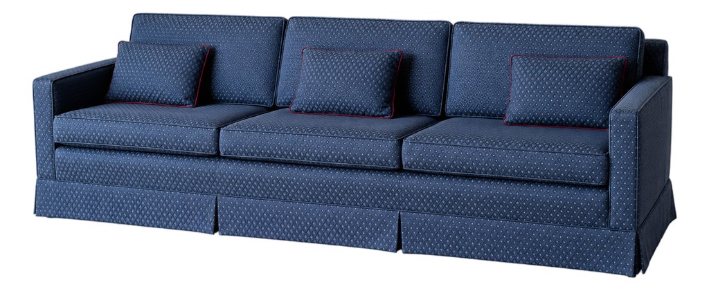 1960s Vintage Mid-Century Navy Jacquard Skirted Tuxedo Sofa
