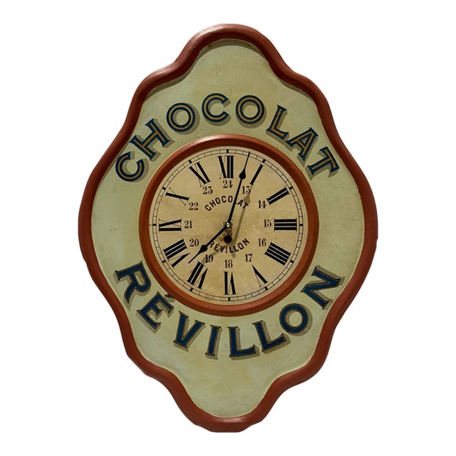 1920s French Chocolat Révillon Advertising Wall Clock Painted Tin 23" For Sale