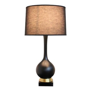 American Mid-Century Black Ceramic Table Lamp With Brass and Wood Base, 1960s For Sale