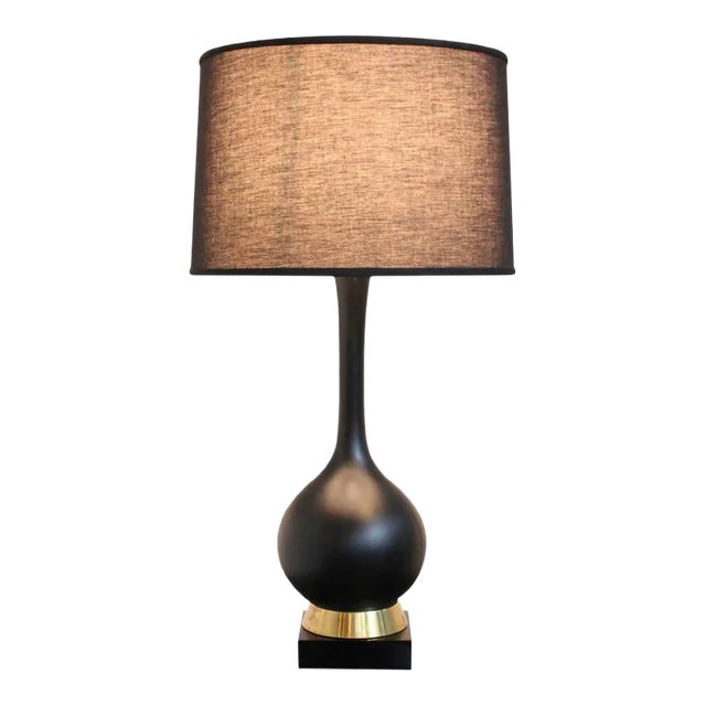 American Mid-Century Black Ceramic Table Lamp With Brass and Wood Base, 1960s For Sale