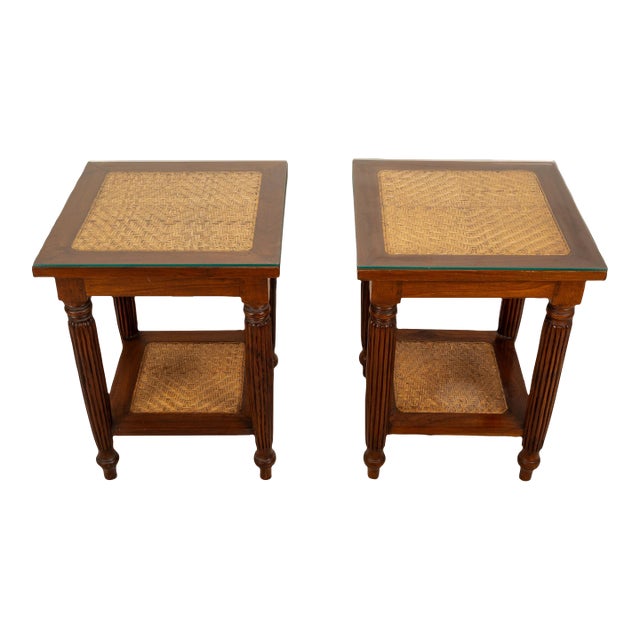 1980s Bauer International Wood & Woven Cane Side Tables With Glass Tops - A Pair For Sale