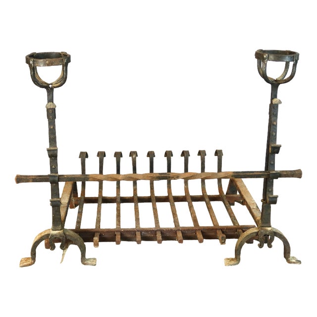 Large 19th-Century Andirons and Fireplace Grate, Set of 4 For Sale