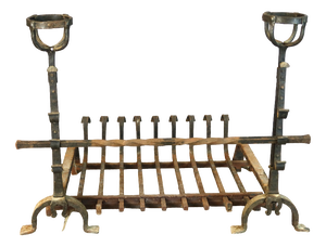 Large 19th-Century Andirons and Fireplace Grate, Set of 4