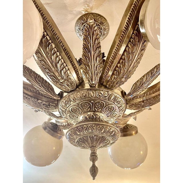 Metal French Art Deco Gilt Silver and Glass Chandelier, 1930s For Sale - Image 7 of 8