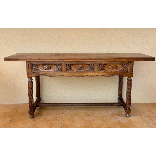 Baroque Spanish Walnut Drop-Leaf Table With Three Drawers, 1930s For Sale - Image 3 of 16