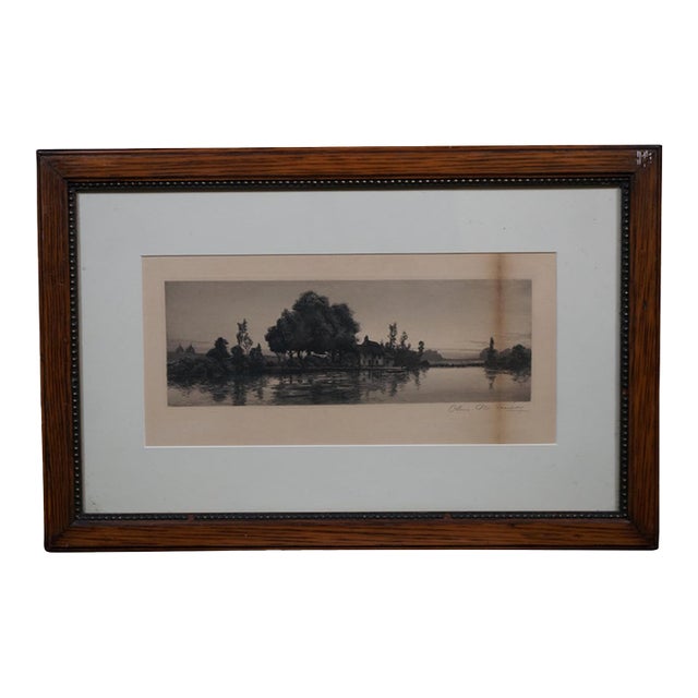 Antique Charles Mielatz Signed Waterfront House W Dock Landscape Etching 23" For Sale