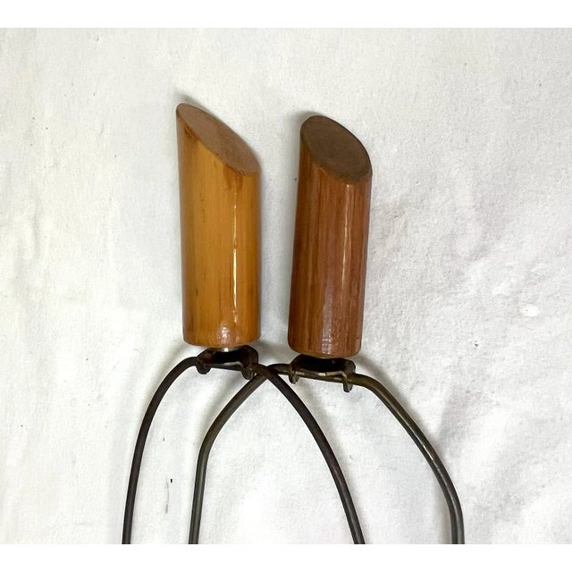 Wood 1960's Modernist Bent Rattan With Stacked Wood & Brass Lamps With Finials For Sale - Image 7 of 11