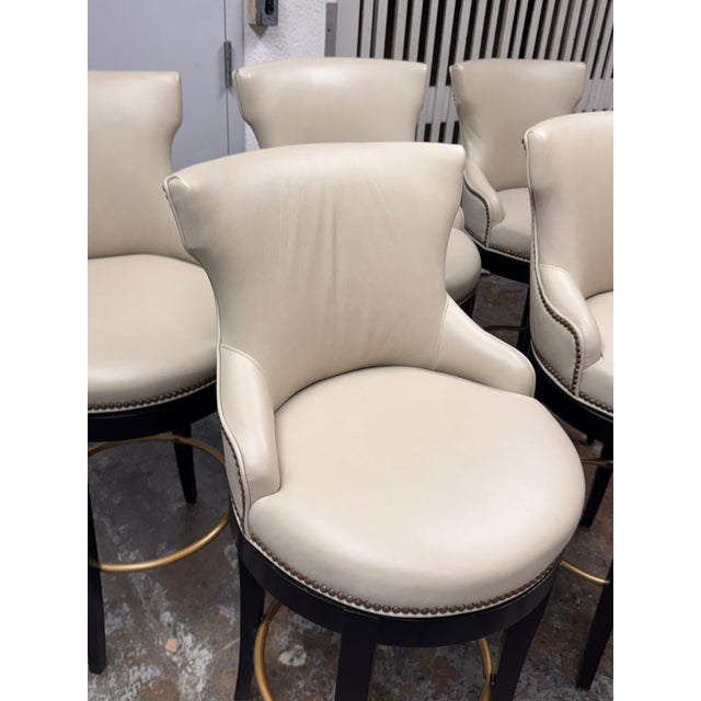 Cream Century Furniture Leather Bar Stools, Set of Five For Sale - Image 8 of 14
