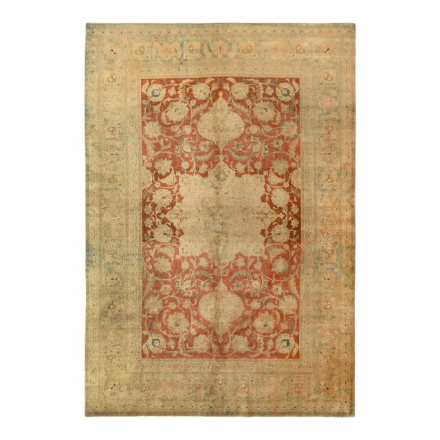Antique Persian Tabriz in an All Over Beige,Blue,Orange Medallion Pattern For Sale