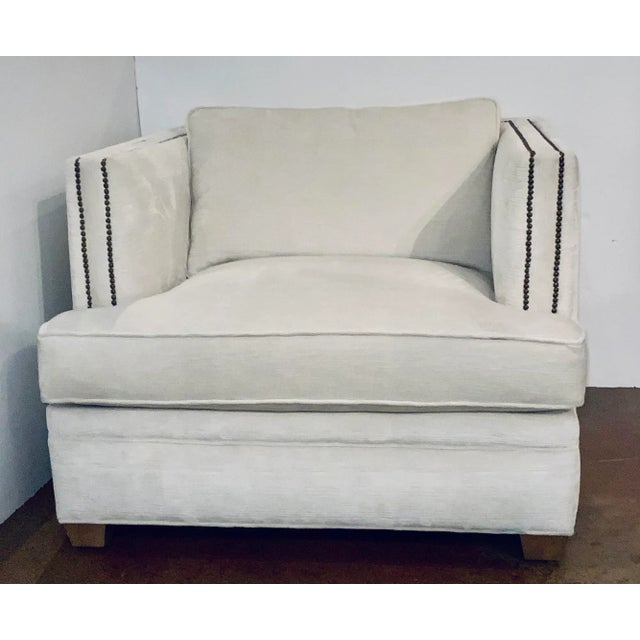 Original Retail $2800, luxurious Caracole Couture Modern White Velvet Club Chair, bronze finished nailhead design, light...