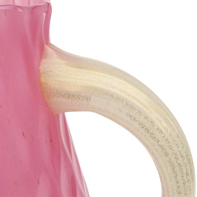 Glass Murano Vintage Pink White Opal Gold Flecks Diamond Quilted Surface Italian Art Glass Pitcher Flower Vase For Sale - Image 7 of 12