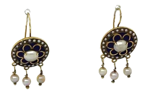Enamel & Pearls Floral Hook 14k Yellow Gold Dangle Earrings