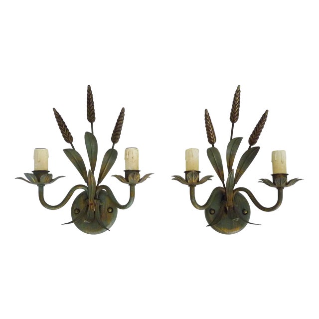 Antique Wheat Sheaf Wall Sconces in Gold and Green Metal, 1980s, Set of 2 For Sale