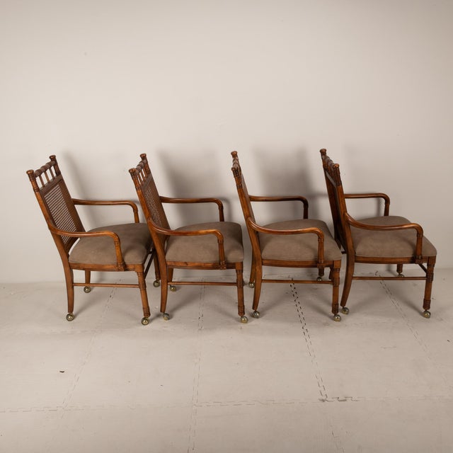 1970s Vintage Stanley Furniture Co. Faux Bamboo Cane Back Rolling Arm Chairs - Set of 4 For Sale - Image 9 of 12