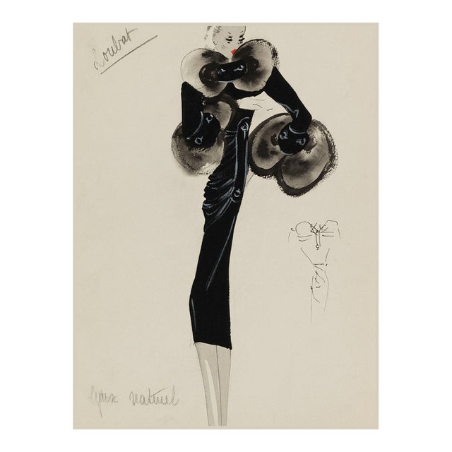 Vintage French Fashion Art Print – Black Coat With Statement Fur Trim, 30" X 40" For Sale