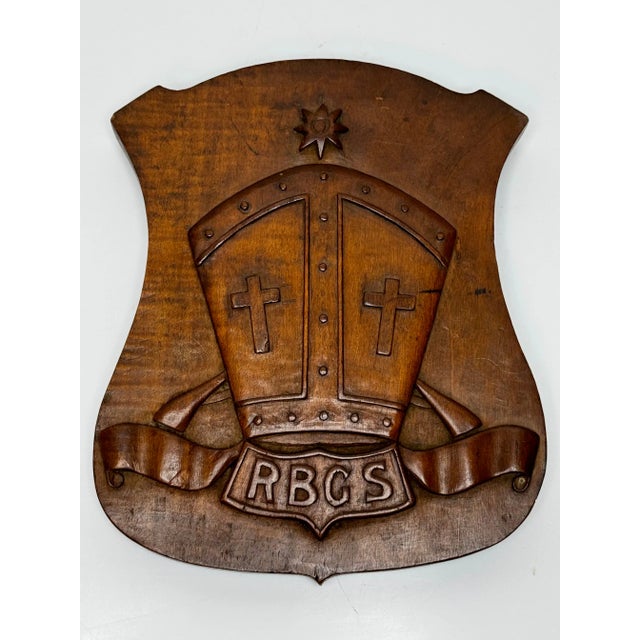 Historic Antique British C1919 Hand-Carved Heraldic School Crest Plaque Sculpture — Rivington & Blackrod Grammar School,...