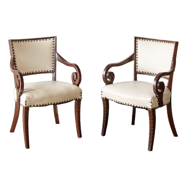Antique French Carved Armchairs in Ivory Leather | Ca 1900-1920 For Sale