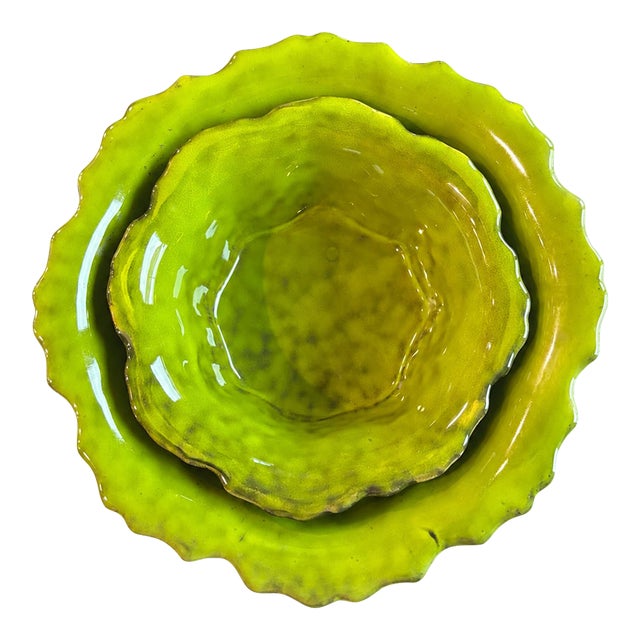 Two Piece Bowl Set 1960s Italian Peasant Village Scalloped Green Pottery Nesting Bowl Set – Handmade Ceramic Bowls For Sale