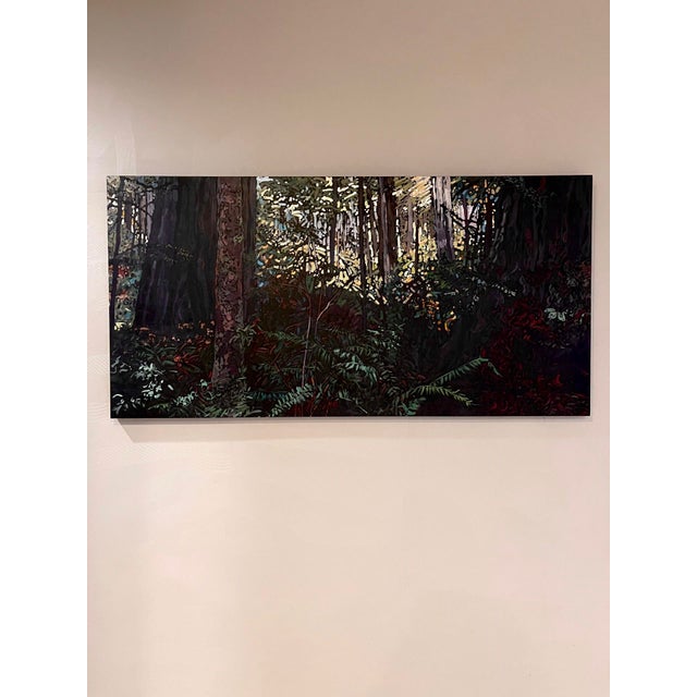 This oil painting captures a serene forest scene, where towering trees create a sense of depth and tranquility. Light...