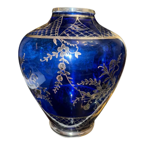 Antique Italian Blue Cobalt Glass Vase With Sterling Silver Overlay