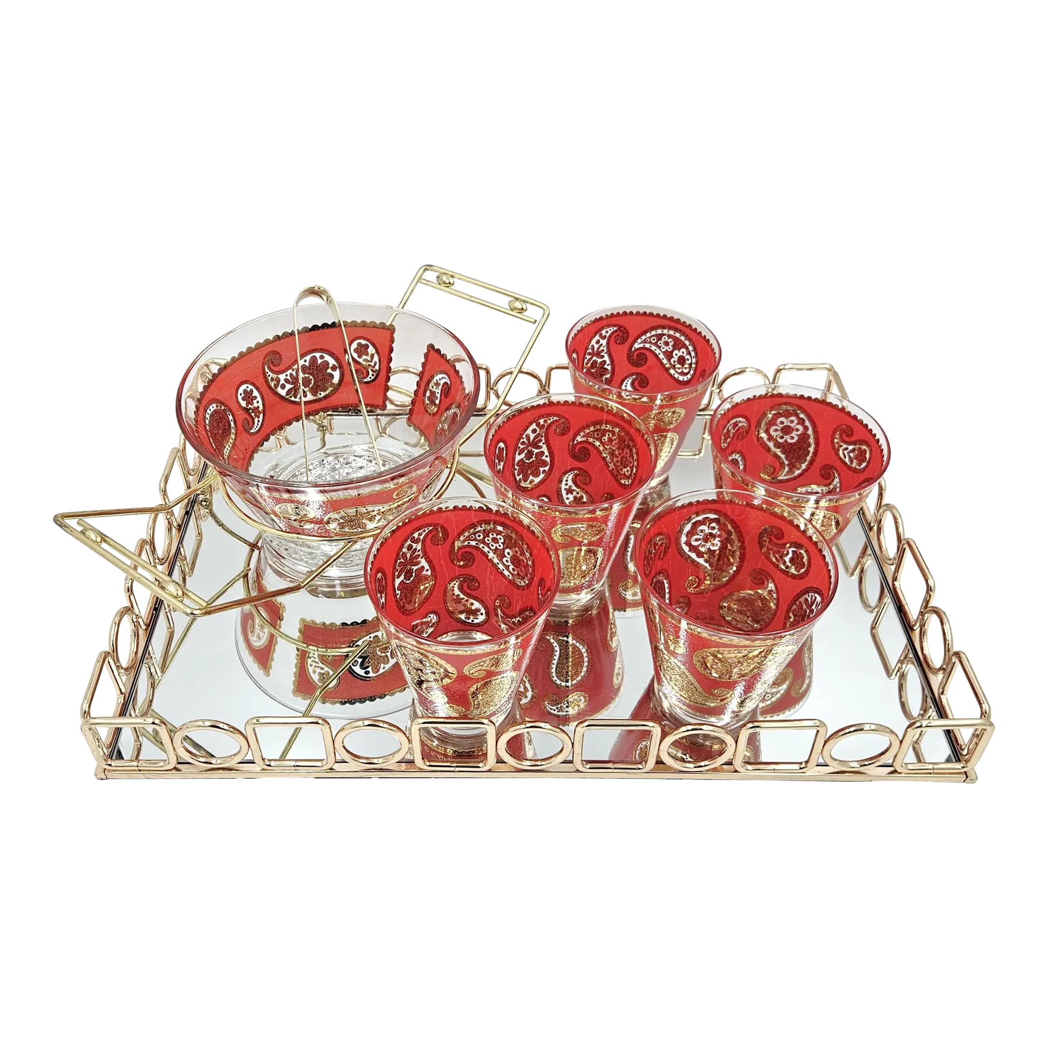 1960s Culver Red Paisley 22k Glasses Ice Bucket in Caddy With Uttermost  Tray Set- 9 Pieces | Chairish