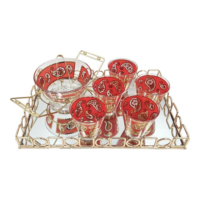 1960s Culver Red Paisley 22k Glasses Ice Bucket in Caddy With Uttermost Tray Set- 9 Pieces For Sale