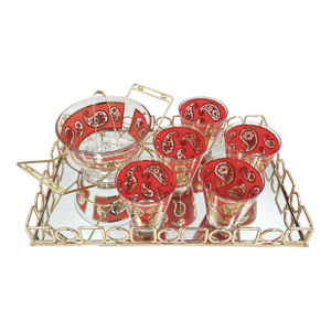 1960s Culver Red Paisley 22k Glasses Ice Bucket in Caddy With Uttermost Tray Set- 9 Pieces