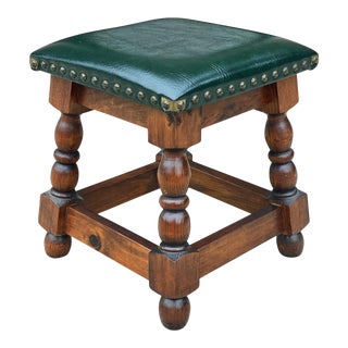 Vintage Traditional Regency Faux Green Leather & Pine Footstool Ottoman For Sale