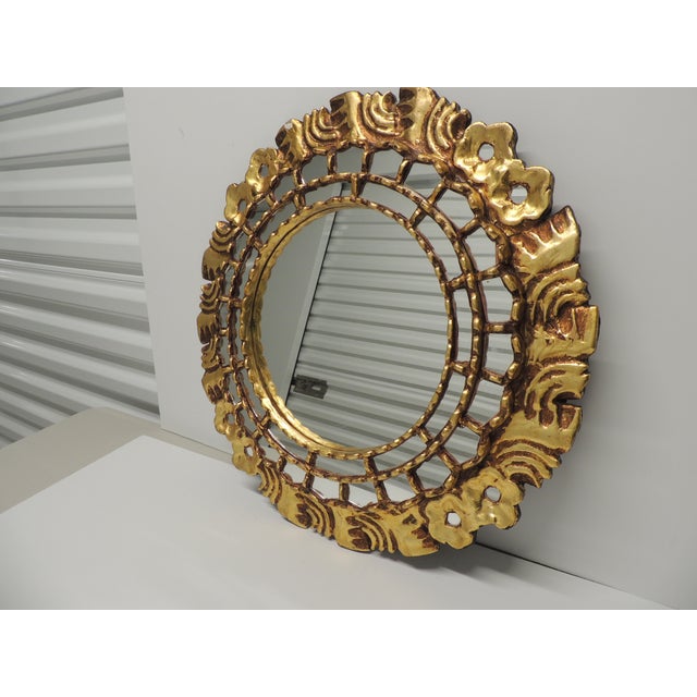 Boho Chic Vintage Wood Round Mirror With Gold-Leaf Finish From Peru For Sale - Image 3 of 7