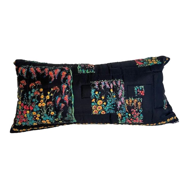 Vintage Black & Floral Silk Twill Scarf Pillow Cover For Sale