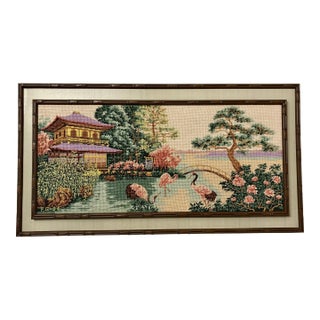 Vintage Needlepoint Chinoiserie Scene Wall Art For Sale