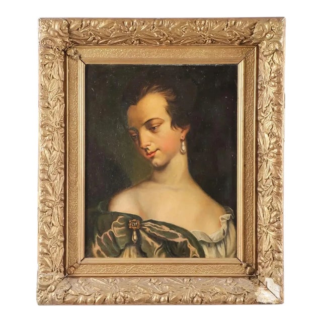 18th Century Woman With Pearl Earring Continental Portrait Painting For Sale