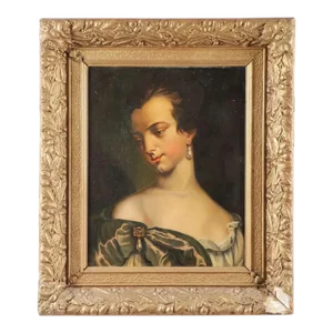 18th Century Woman With Pearl Earring Continental Portrait Painting