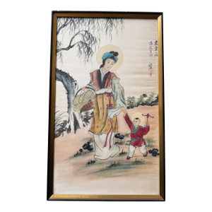 Vintage Chinese Ink Painting on Silk, Framed Figurative Scene