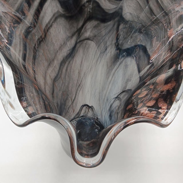 Vintage Italian Black Swirl Ruffled Large Glass Vase For Sale - Image 6 of 8