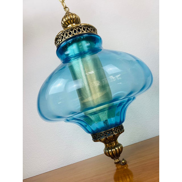 Mid-Century Modern Vintage 1970s Aqua Blue & Brass Hollywood Regency Hanging Swag Lamp For Sale - Image 3 of 6