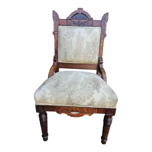 Early 20th Victorian Carved Walnut and Upholstered Side Chair