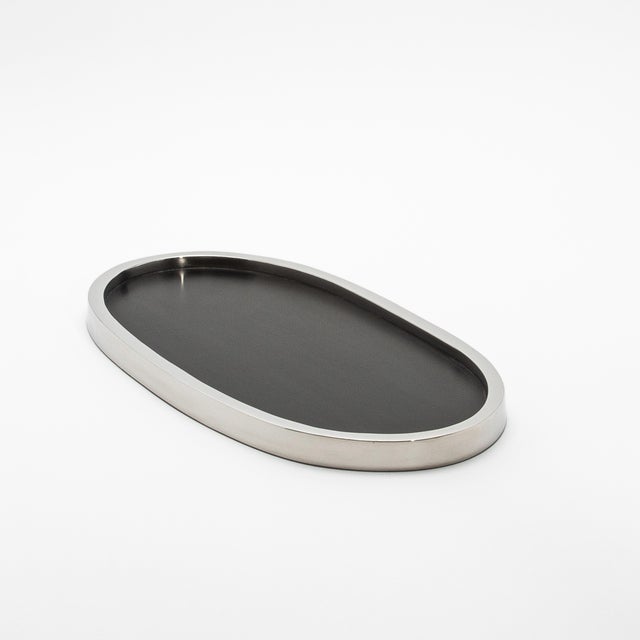 Modern Oval Tray in Black Oak With Polished Stainless Steel by Kifu Paris For Sale - Image 3 of 10