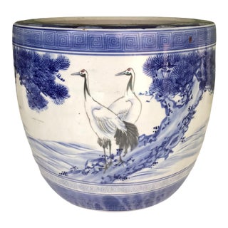 1950s Japanese Ceramic Underglaze Hand Painted Scene of Cranes on Pine Tree Hibachi For Sale