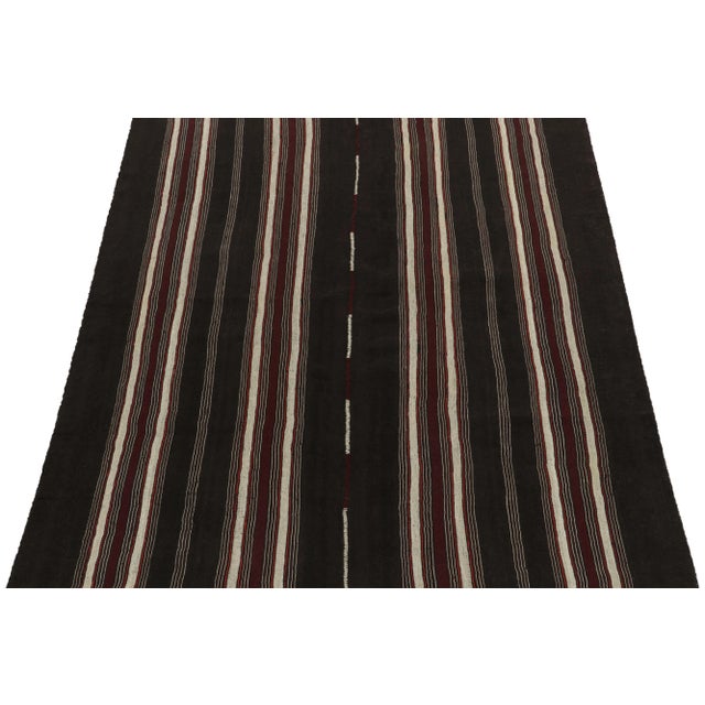 Traditional Vintage Kilim Rug in Deep Brown With Red, and White Stripe Patterns For Sale - Image 3 of 7