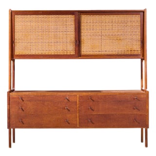 Hans Wegner for Ry Møbler Ry-20 Mid Century Danish Teak and Rattan Highboard Credenza With Hutch For Sale