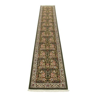 Sarouk Runner 2’4” X 11’6” Green Wool Traditional Hand-Knotted Oriental Rug For Sale