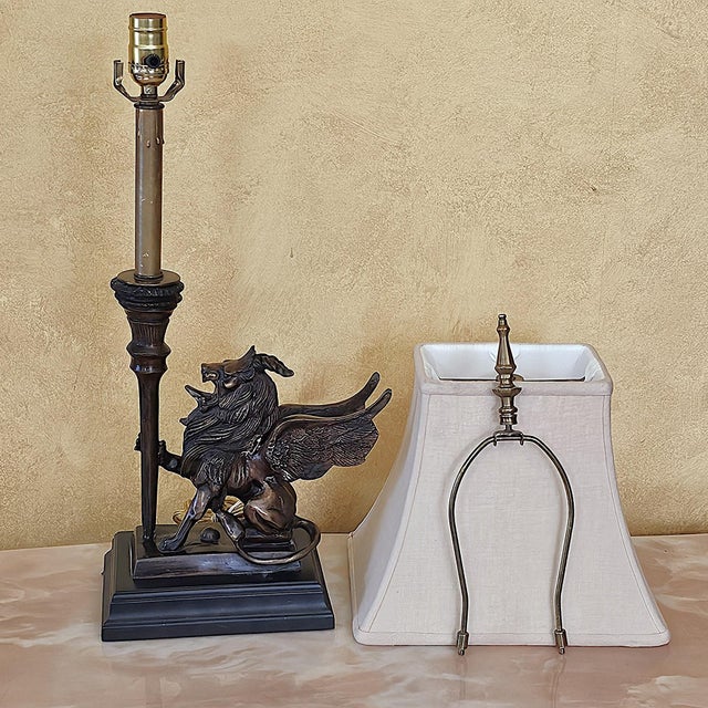 Vintage Neoclassical Bronze Winged Lion Griffin Table Lamp With Linen Shade For Sale - Image 17 of 18