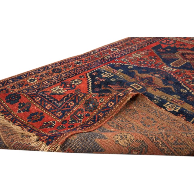 Persian Vintage Persian Handmade Blue Medallion Wool Rug For Sale - Image 3 of 6