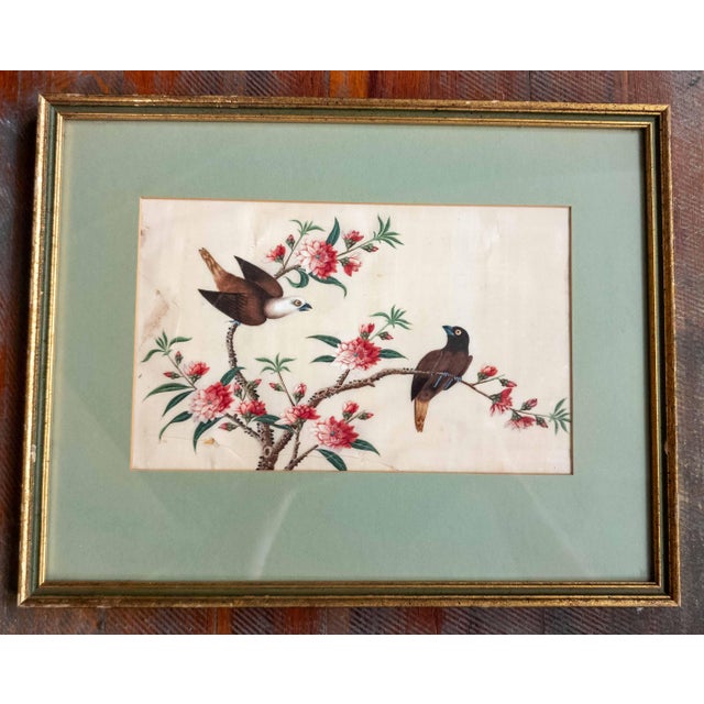 We are selling this beautiful 19th or 20th century Chinese watercolor painting. This painting features two birds in an...