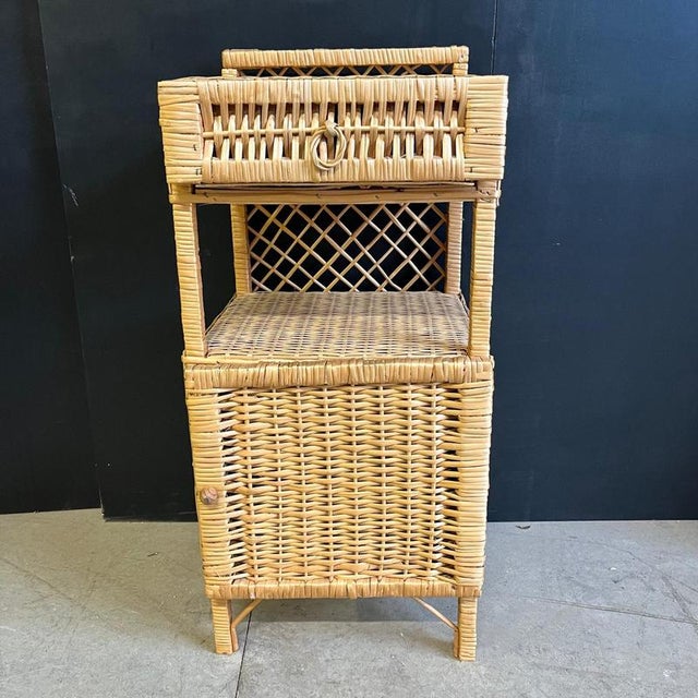 Wood Wicker Bedside Table with Drawer, Shelf and Cupboard For Sale - Image 7 of 7