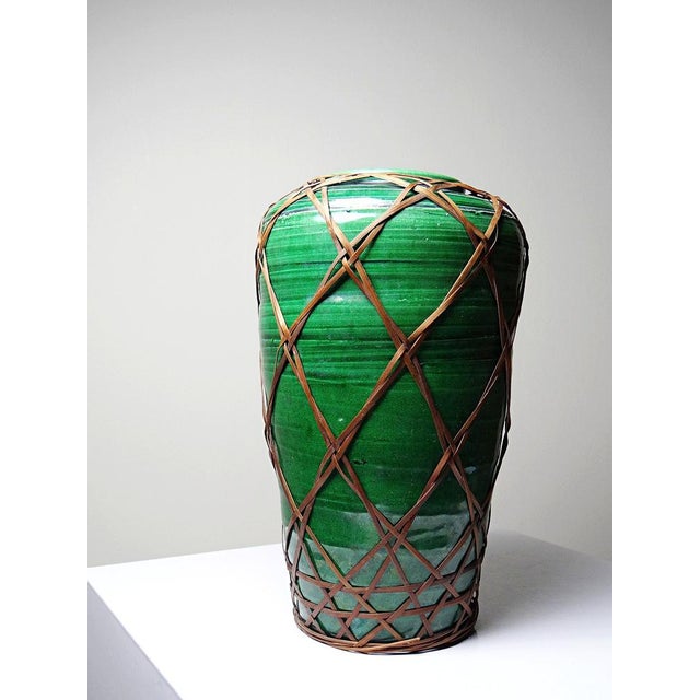 Japanese Green Ceramic Vase with Awaji Yaki Bamboo Lacing, 1920s For Sale - Image 4 of 10