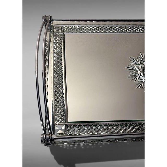 Chrome Art Deco French Nickel-Plated Metal Tray With Cut and Etched Mirror Surface For Sale - Image 8 of 18