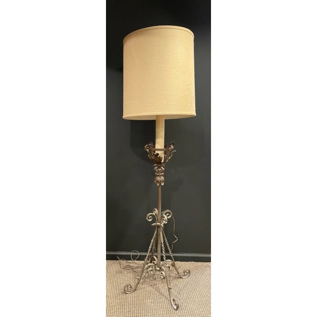 French Late 20th Century French Wrought Iron Floor Lamp & Burlap Shade For Sale - Image 3 of 9